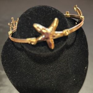 Nautical Anchor, Starfish, Ships Wheel Bangle Bracelet in Worn Gold Plate